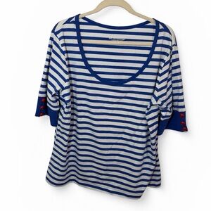 Soft Surroundings Blue and White Striped Tee Boat Neck Red Details Boat Neck